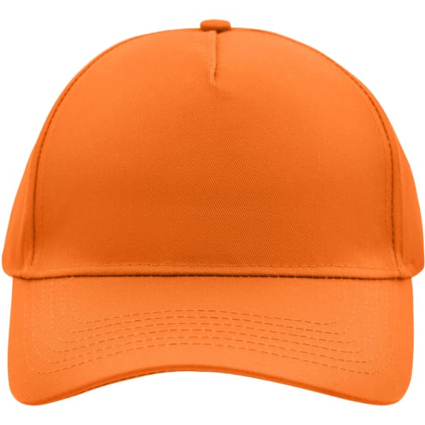 An orange 5 panel cap with a curved brim and a logo on the front.
