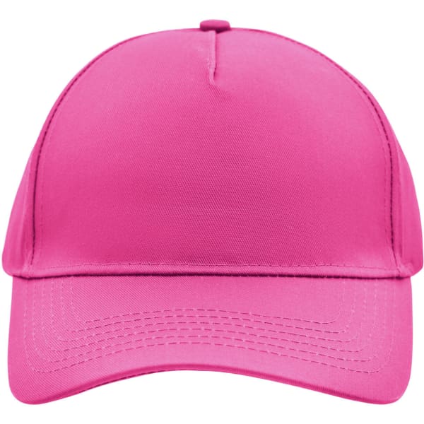 A pink 5 panel cap with a curved brim and a logo on the front.