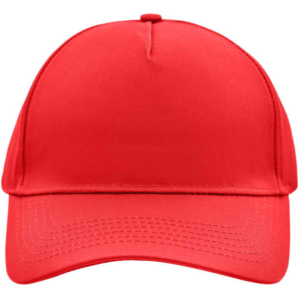 A red 5 panel cap with a simple design and a logo on the front.