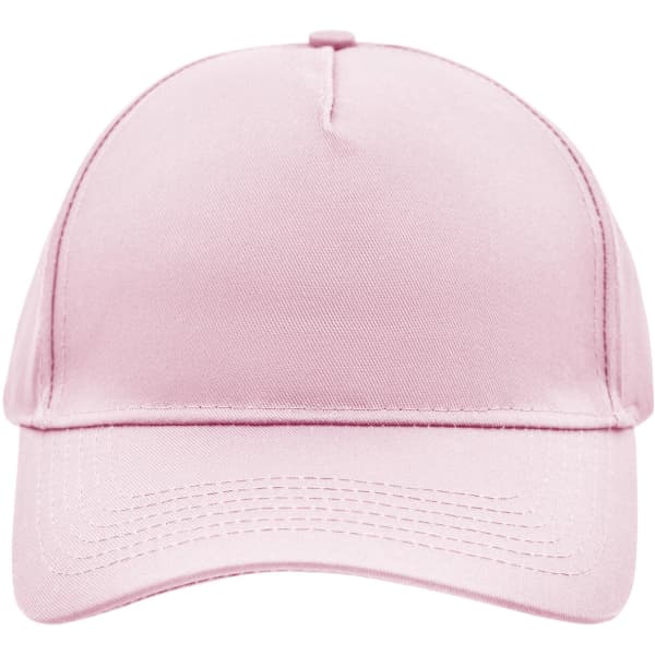 A pink 5-panel cap featuring a curved brim and a logo on the front.
