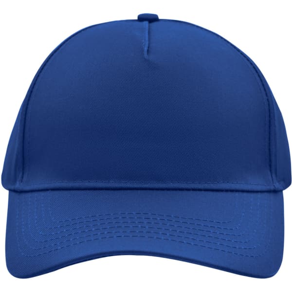 A blue 5 panel cap featuring a structured design and a curved peak, with a logo present.