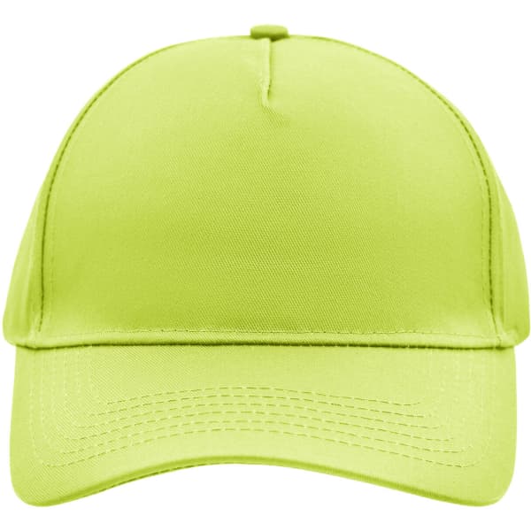 A vibrant lime green 5 panel cap with a straight peak and a logo on the front.