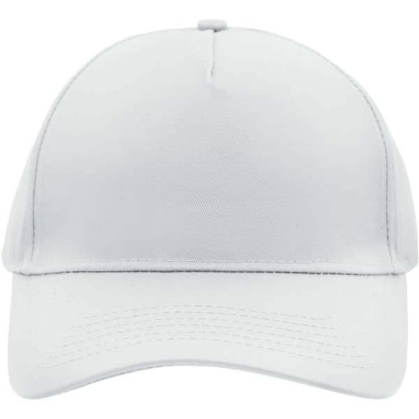 A white 5 panel cap with a curved brim and branding on the front.
