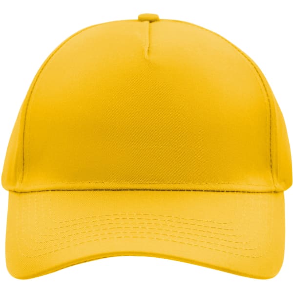 A yellow 5 panel cap with a structured design and a small logo on the front.