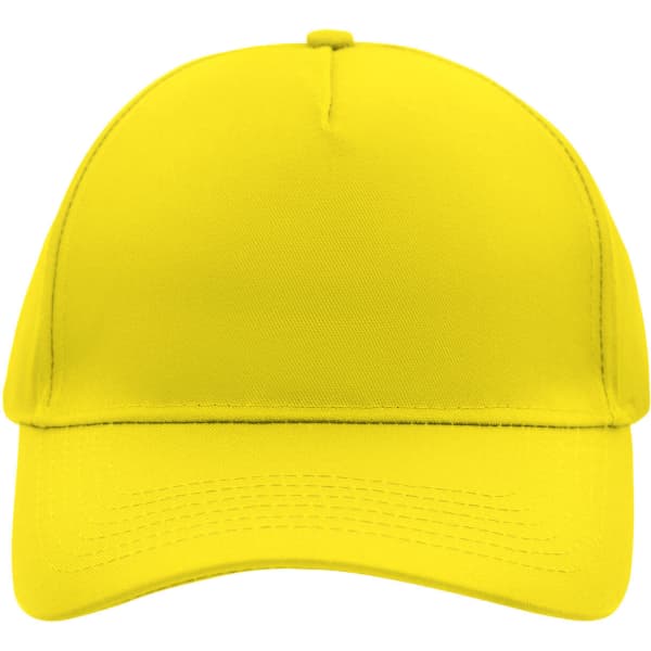 A bright yellow 5-panel cap featuring a structured design and a curved brim. It has a logo on the front.