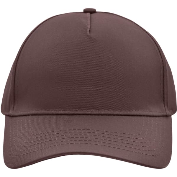 A brown 5 panel cap featuring a structured design and an adjustable strap, with a logo on the front.