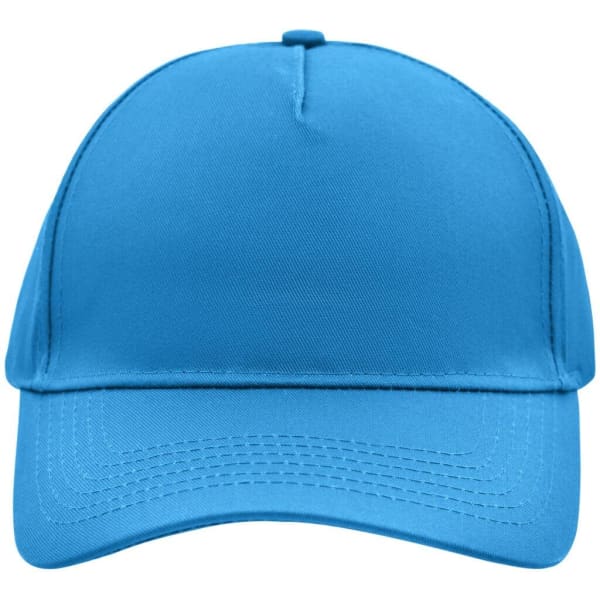 A bright blue 5 Panel Cap featuring a logo, made from durable fabric with a structured design.