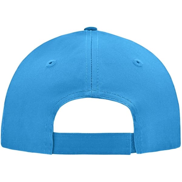 A blue five-panel cap featuring an adjustable strap and ventilation holes on the back.