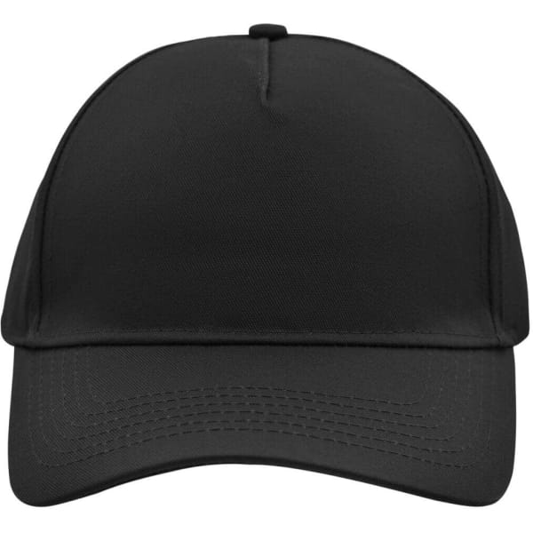 A five-panel cap in solid black with a curved brim and a logo on the front.