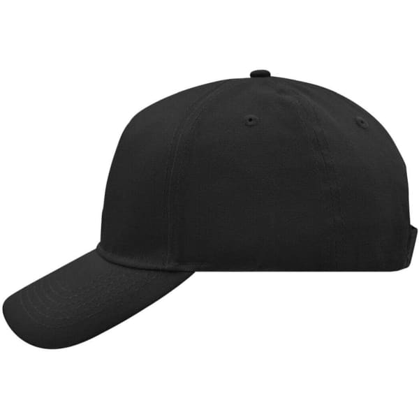 A black 5-panel cap featuring a curved brim and a back strap, with a logo on the front.