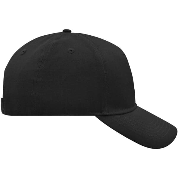 A black 5 panel cap featuring a curved brim and a logo on the side. Suitable for casual headwear.