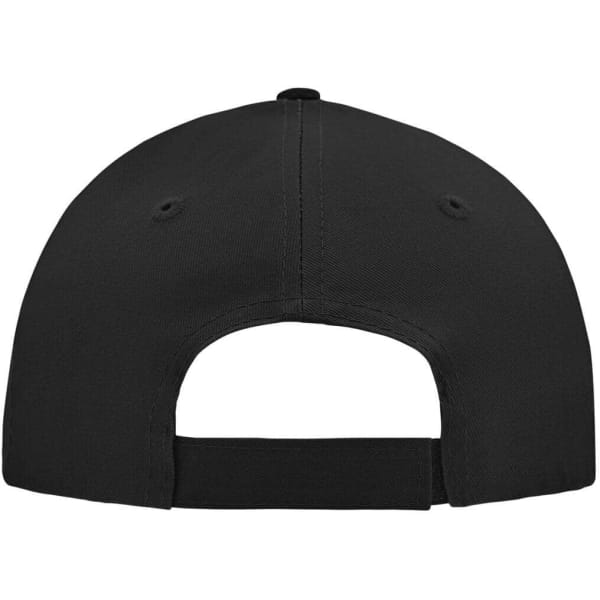 A black 5 panel cap featuring a rear strap and ventilation holes for breathability. It includes a logo.