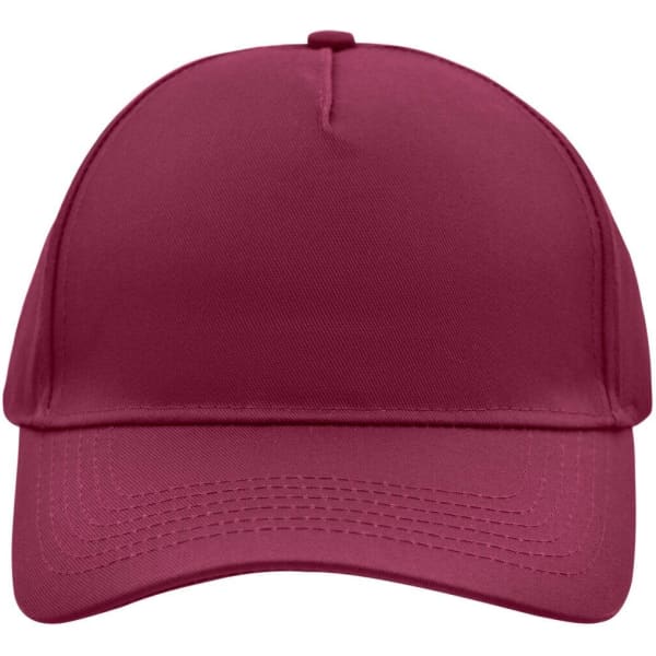 A maroon 5 panel cap with a flat peak and an interior logo. It's designed for casual headwear.