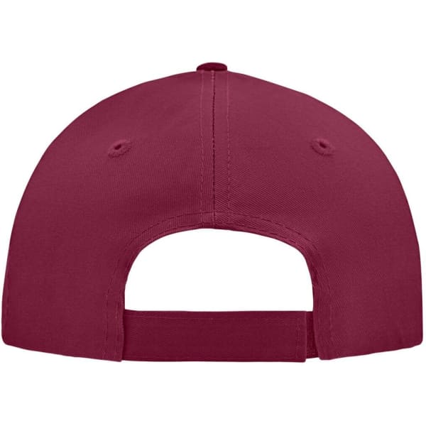 A maroon 5 panel cap featuring a fitted back and ventilation holes. It has a logo on the back.