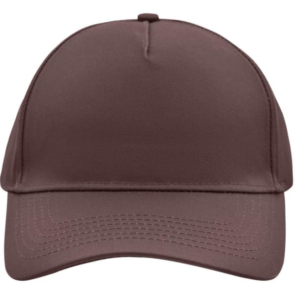 A brown 5 panel cap with a curved brim and stitching details. The cap features a logo on the front.