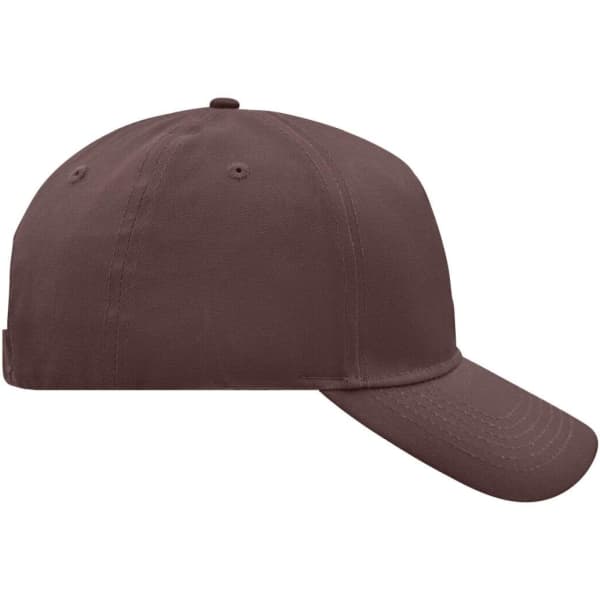 A burgundy 5 panel cap with a curved brim and a logo. The design is simple and stylish.
