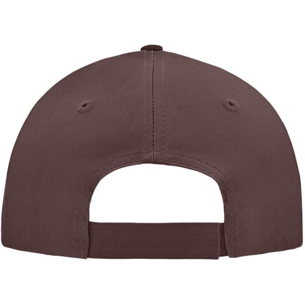 A brown 5 panel cap featuring a rear opening and ventilation holes, with a logo on the side.