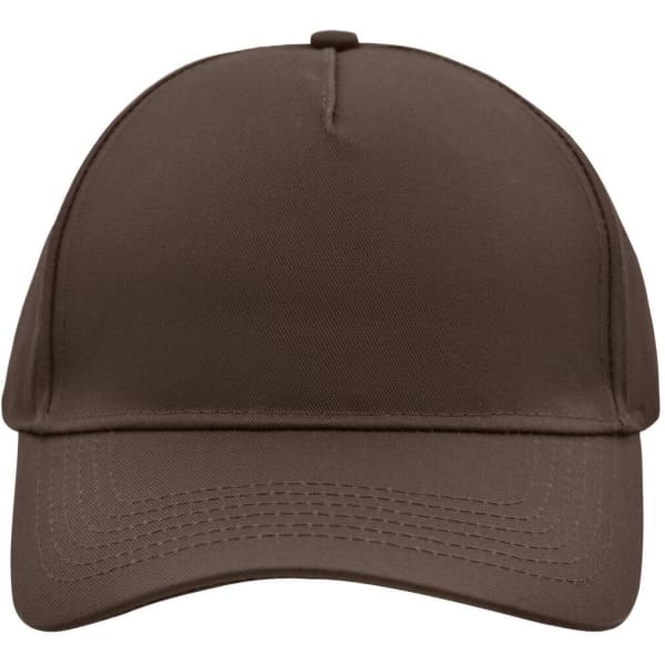 A brown 5 panel cap with a curved brim and a plain design, featuring a logo on the front.