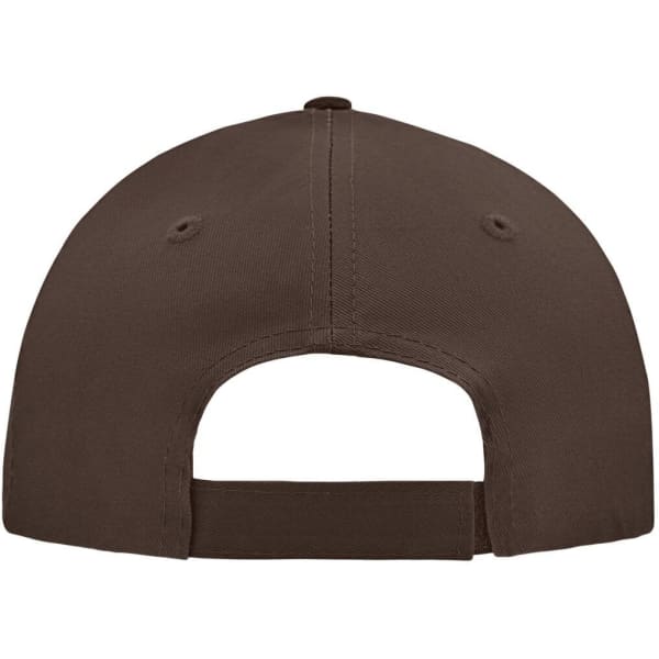 A brown 5 panel cap featuring a straightforward design and an adjustable strap at the back.