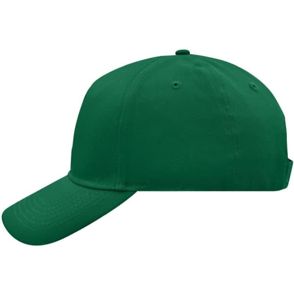 A green 5 panel cap with a curved brim, featuring a logo on the side.
