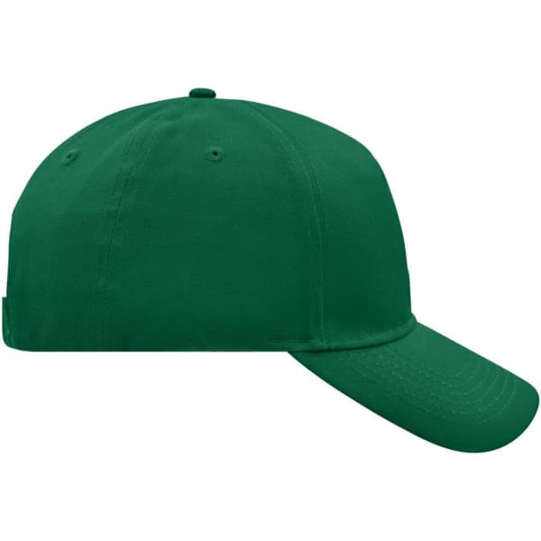 A green 5 panel cap with a curved brim and an adjustable strap at the back, featuring a logo.
