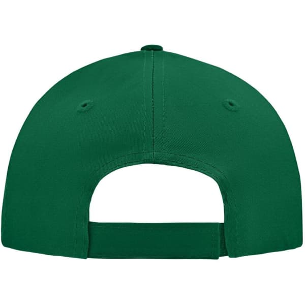 A green 5 panel cap featuring a strap closure and ventilation holes at the back. The cap includes a logo.