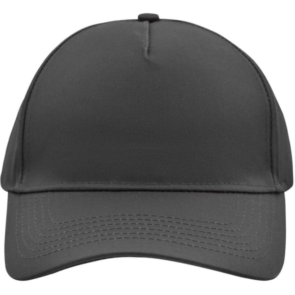 A dark grey 5 panel cap with a curved brim and a plain design, featuring a logo on the front.