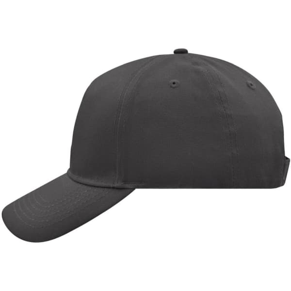 A 5 panel cap in black with a curved brim, featuring ventilation holes and a logo on the front.