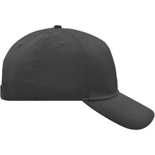 A 5 panel cap in dark grey with a curved brim and a logo on it. The back has adjustable straps.