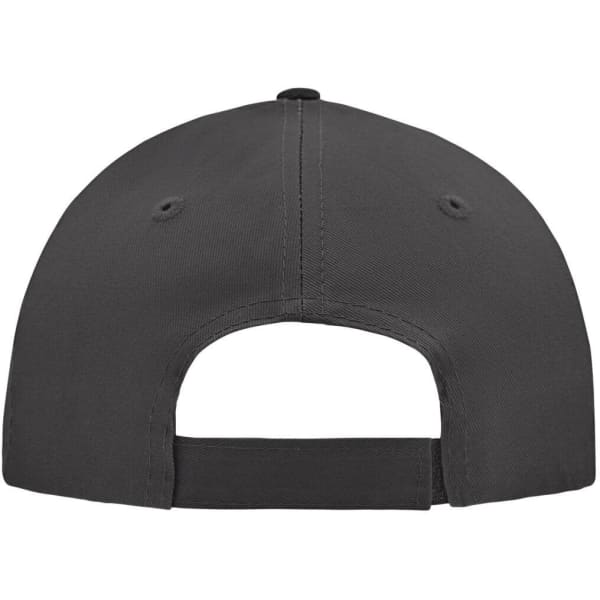 A black 5-panel cap featuring a rear adjustable strap and ventilation eyelets. Contains a logo on the side.  