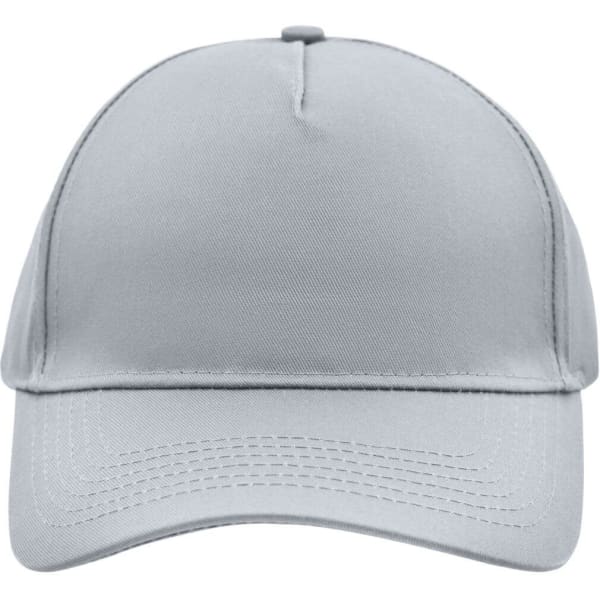 A grey 5 panel cap with a curved brim and a logo on the front.