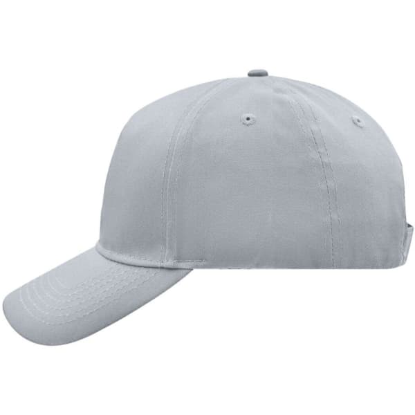 A grey 5 panel cap with a curved brim and an adjustable strap at the back, featuring a logo.