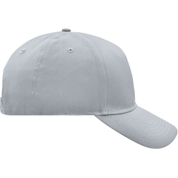 A grey five-panel cap with a curved brim and a logo on the side.