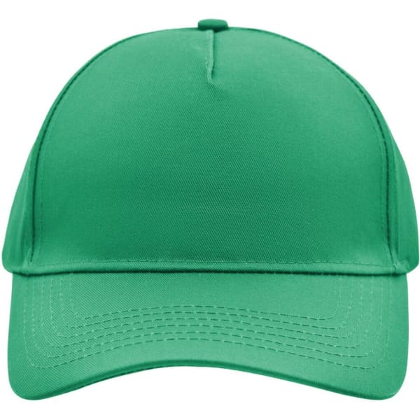 A green 5-panel cap featuring a curved brim and an option for a logo or branding.