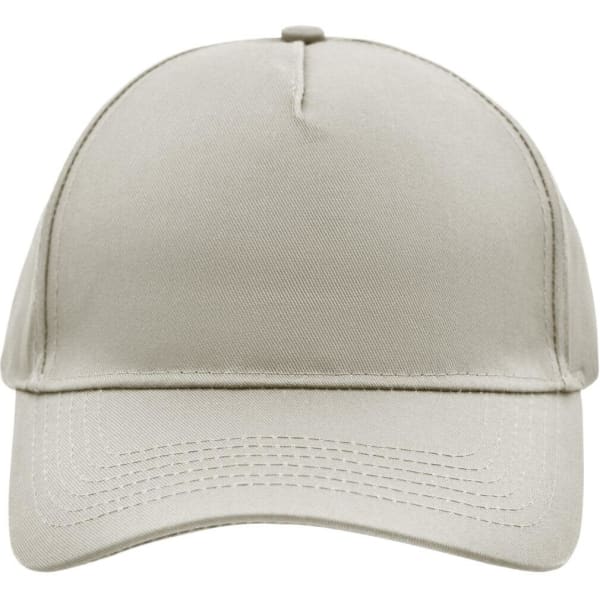 A 5-panel cap in a light grey colour, featuring a plain design and a stitched brim. It has a logo on the front.
