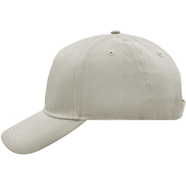 A beige 5 panel cap featuring a curved brim and a rear adjuster, with a logo on the side.