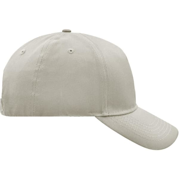 A beige 5 panel cap with a curved brim and an adjustable strap at the back. It features a logo.