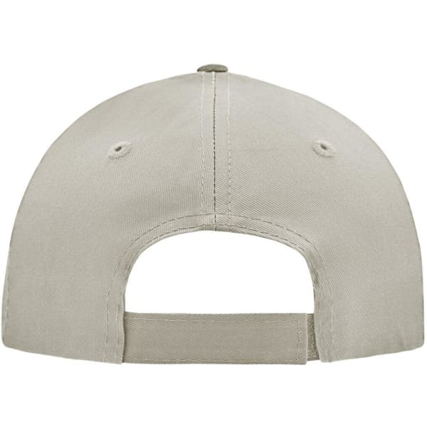 A beige 5 Panel Cap featuring an adjustable strap and ventilation holes on the back. It includes a logo.