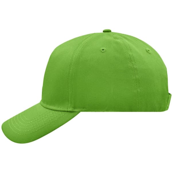A bright green 5 panel cap with a curved brim and an adjustable strap at the back. It has a logo on the front.