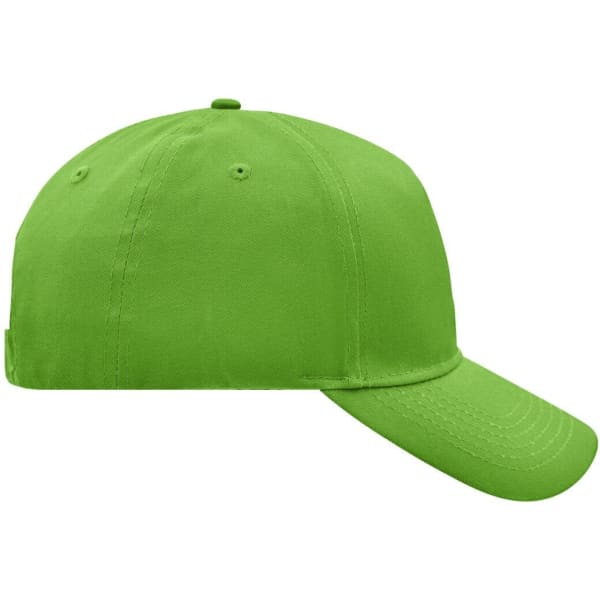 A bright green 5 panel cap featuring a curved brim and an adjustable strap at the back. It has a logo.