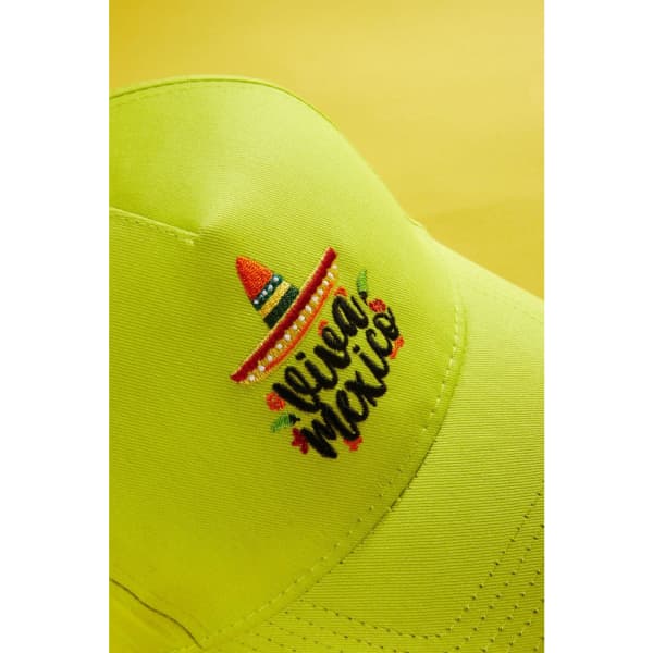 A bright lime green 5 panel cap featuring an embroidered design of a sombrero and text.