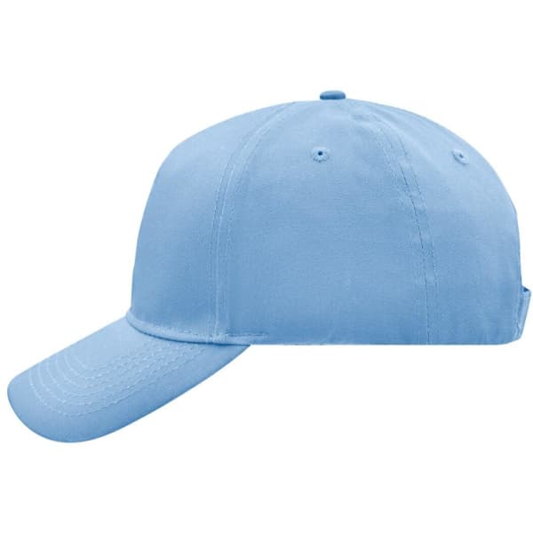 A blue 5 panel cap featuring an adjustable strap and a logo on the side.
