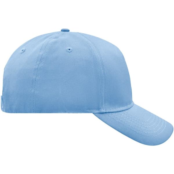 A light blue 5-panel cap with a logo, featuring a structured front and curved brim.