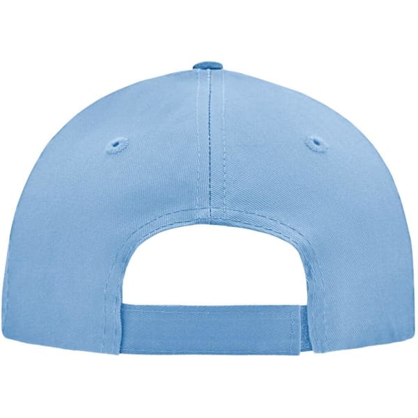 A light blue 5-panel cap featuring a rear adjustable strap and ventilation holes. It has a logo on the back.