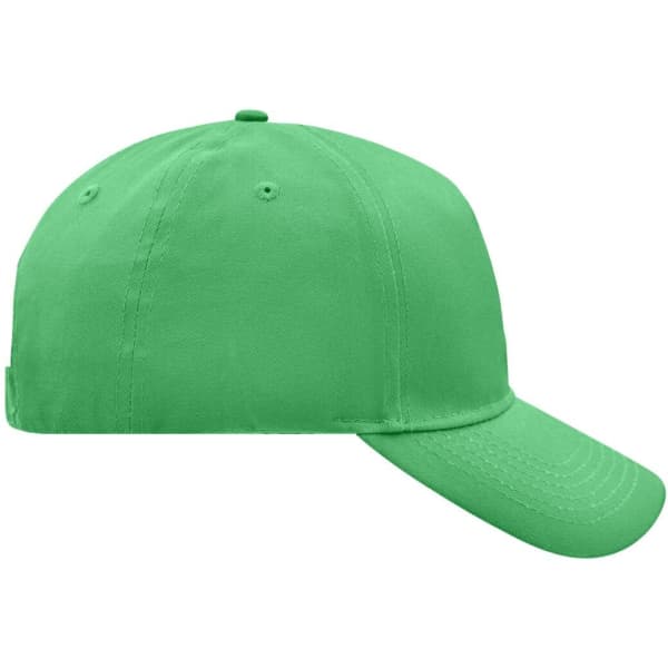 A green 5 panel cap featuring a curved brim and structured design. It has a logo on the front.