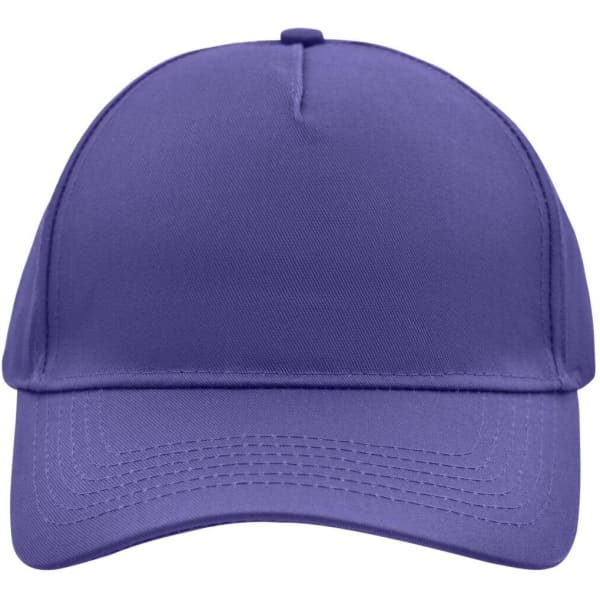 A purple 5 panel cap with a structured design and a visor. The cap features a logo on the front.