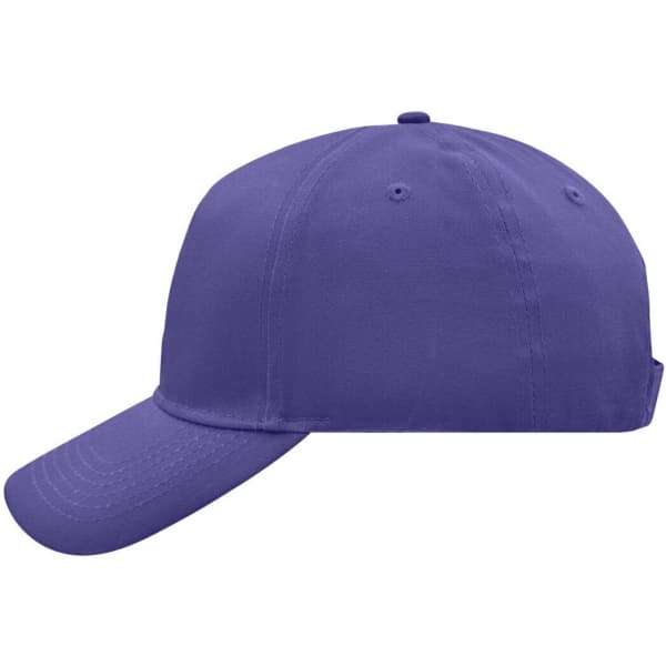 A purple 5 panel cap featuring a curved brim and an adjustable strap at the back, with a logo present.