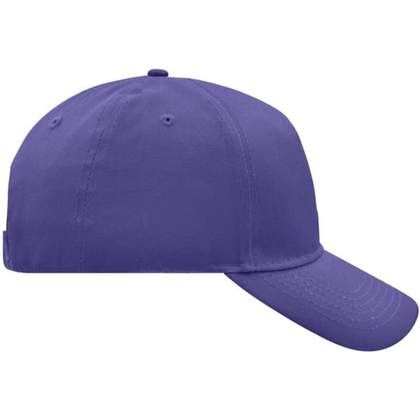 A purple 5 panel cap with a curved brim and a logo on the side.