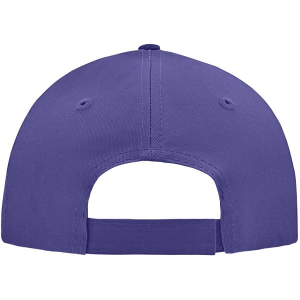 A purple 5 panel cap with a curved brim and adjustable strap at the back, featuring a small logo.