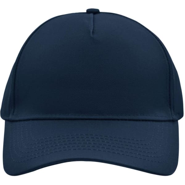 A navy 5 panel cap with a smooth fabric surface and a curved brim, featuring a logo on the front.